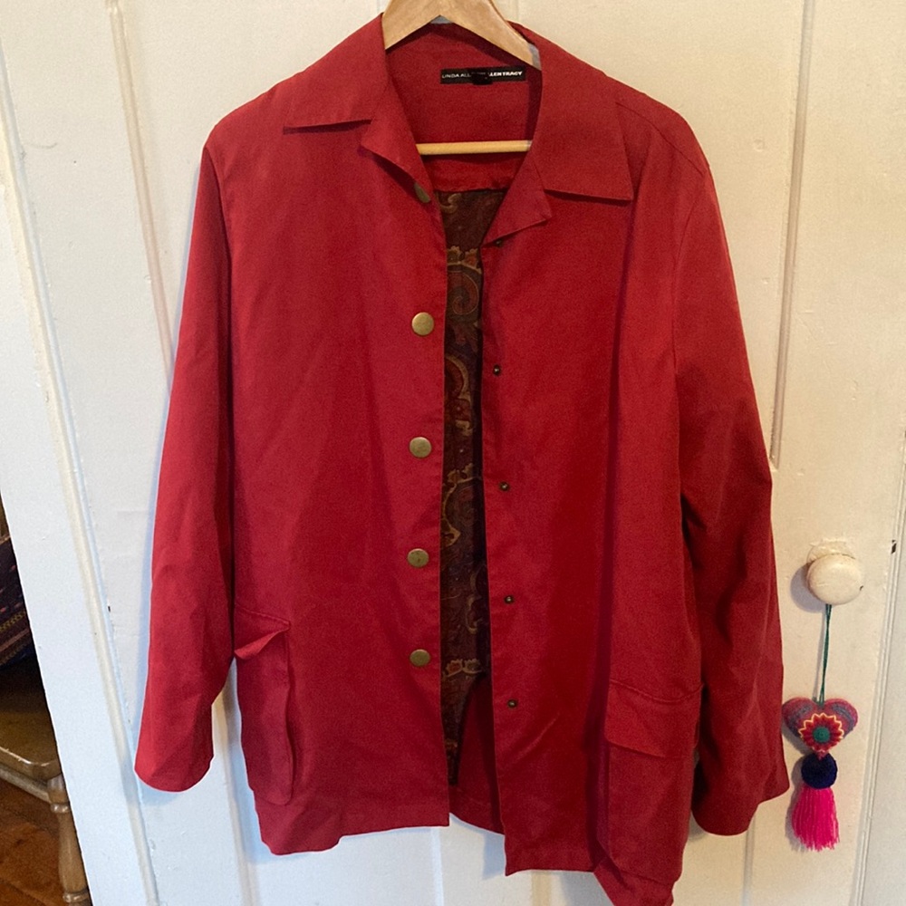 Vintage red coat with 100% silk paisley padded lining; 100% cotton outer